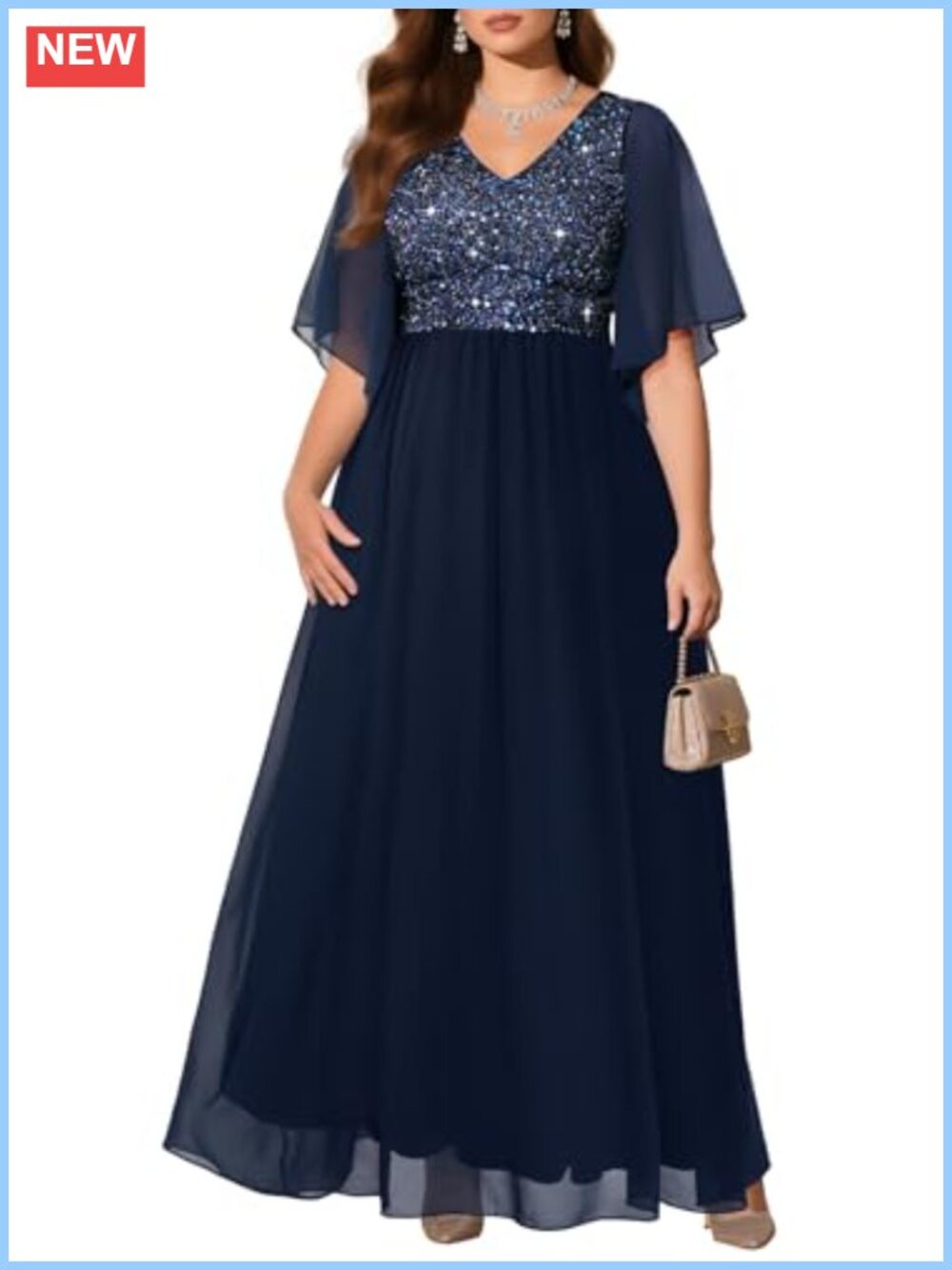 Plus Size Sequin Evening Gown Long Flared Cape Sleeve Formal Prom Dress